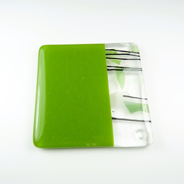 Green collage fused glass coaster, 9cm, 6mm thick, handcrafted (0142)