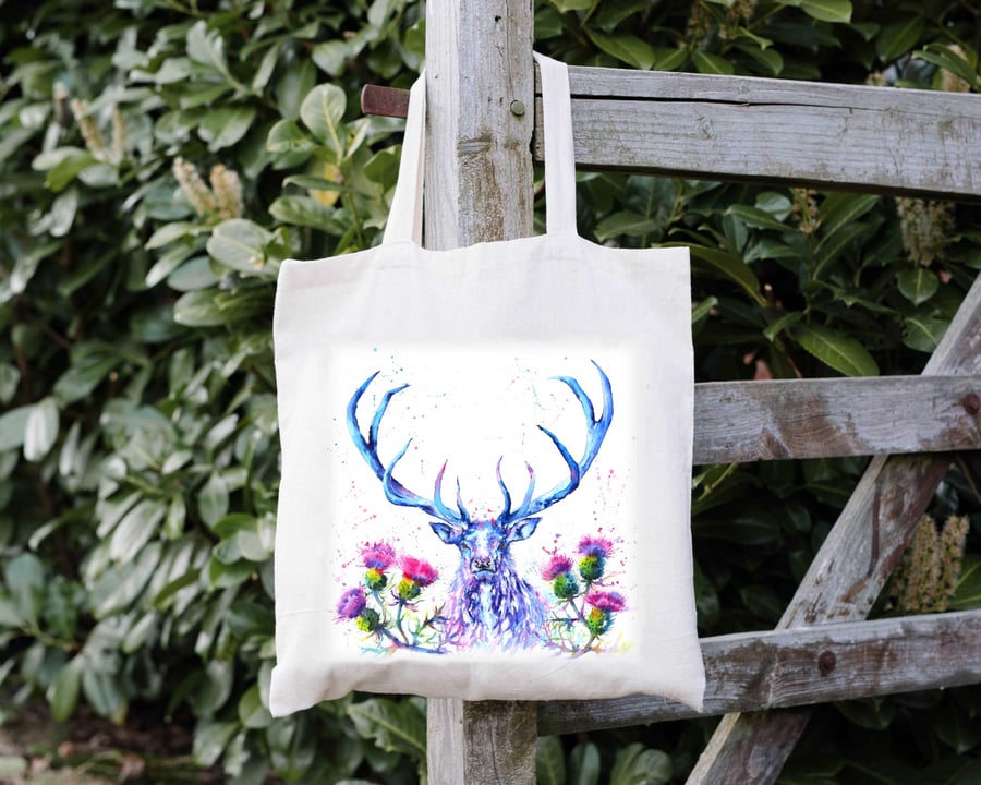 Scottish Stag and Thistles, Tote Bag Unisex Gift.