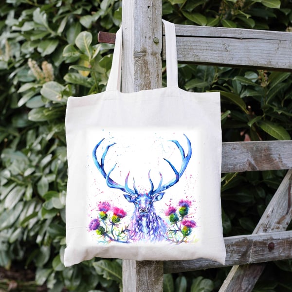 Scottish Stag and Thistles, Tote Bag Unisex Gift.