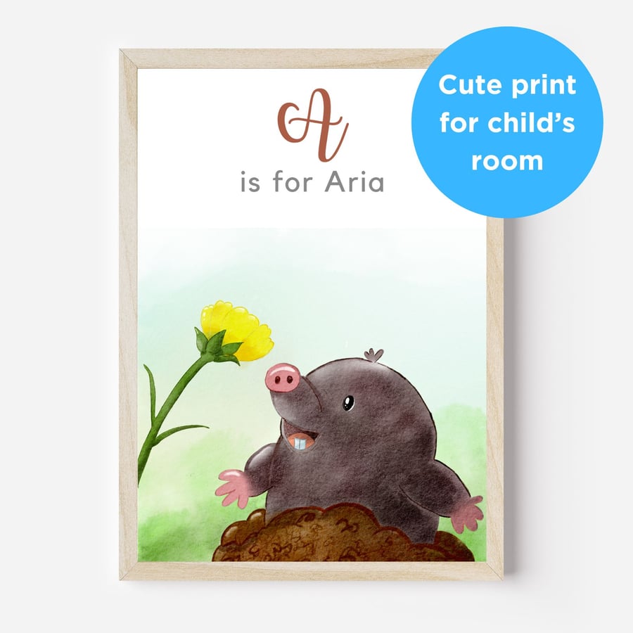 Mole personalised baby child name unframed print for nursery bedroom playroom 