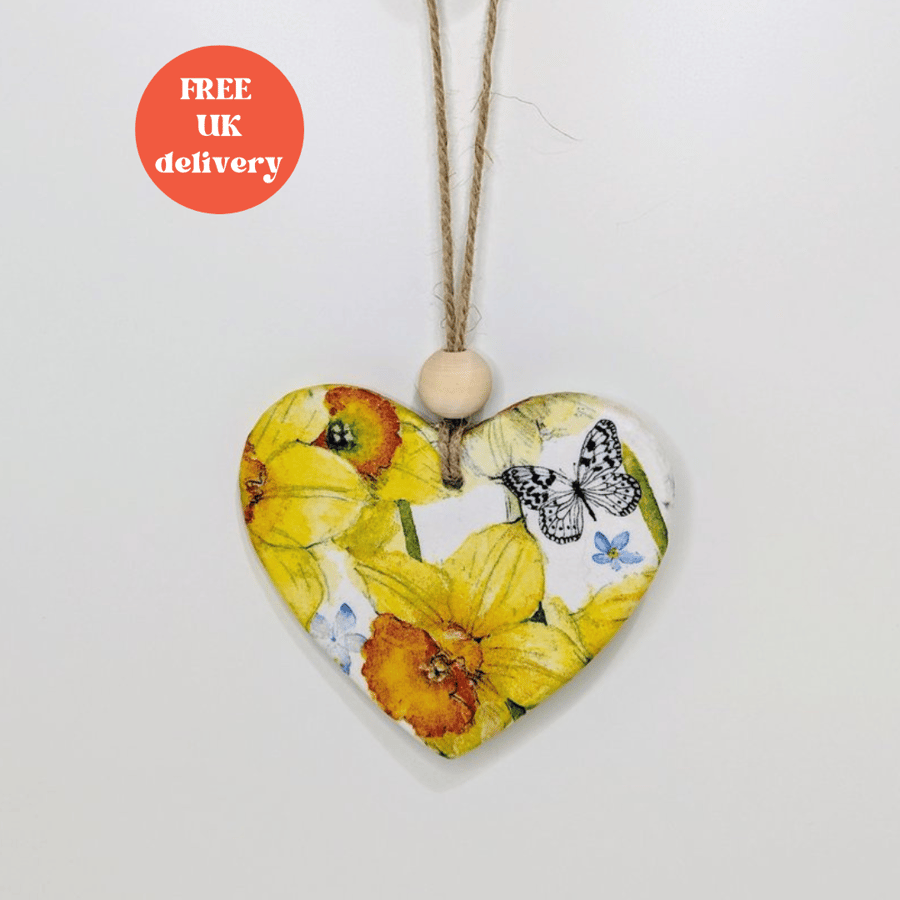 Daffodils clay heart hanging decoration, spring decoration gift for her