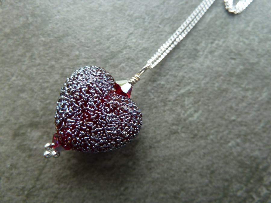 sterling silver chain, red lampwork glass heart