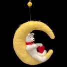 Crescent moon and teddy nursery wall decoration or mobile, felted