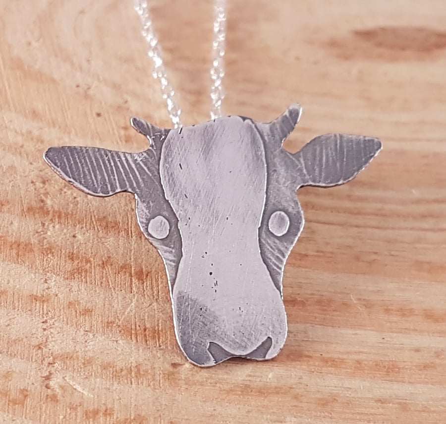 Sterling Silver Etched Cow Necklace