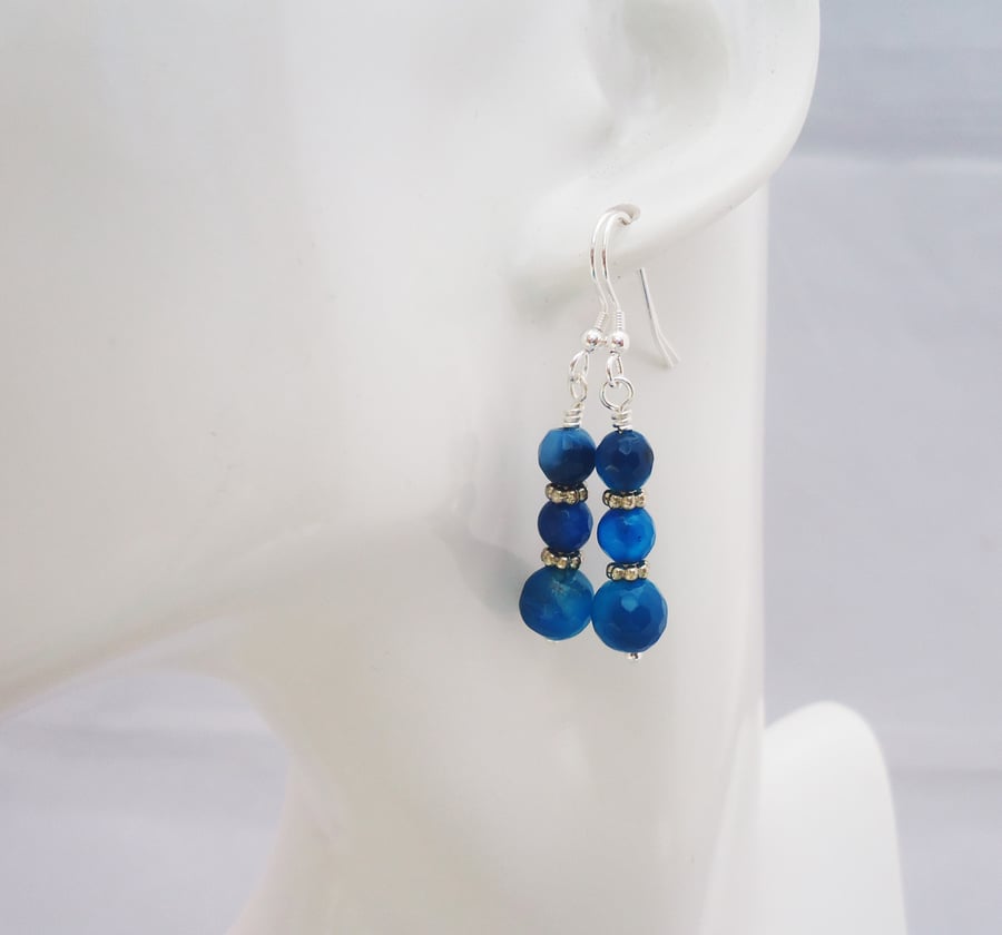 Agate Earrings, Blue Agate Earrings, Blue Gemstone Dangle Earrings