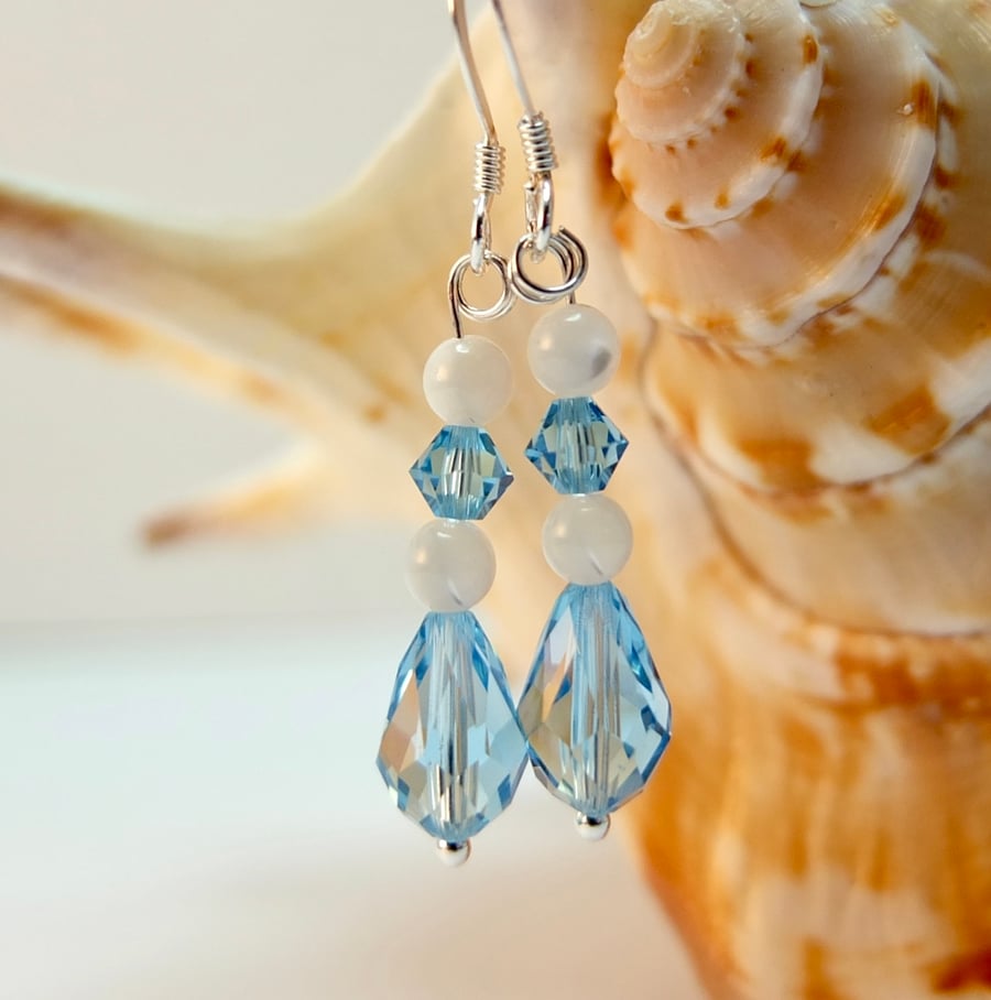 Aquamarine Swarovski Crystal Drops & Mother Of Pearl Sterling Silver Earrings.