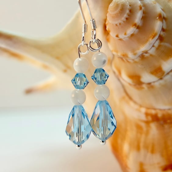 Aquamarine Swarovski Crystal Drops & Mother Of Pearl Sterling Silver Earrings.