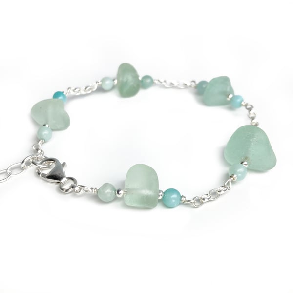 Green Sea Glass Bracelet with Amazonite Crystal Beads. Sterling Silver Jewellery