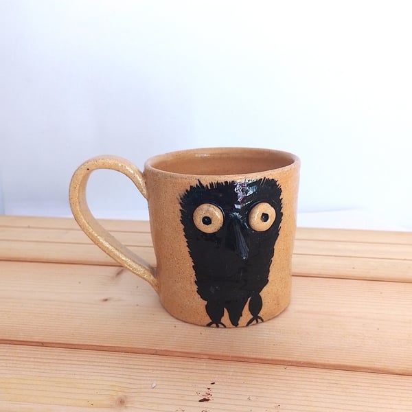 Crow mug, Pottery Mug Crow beak in relief, Scraggy Crow mug