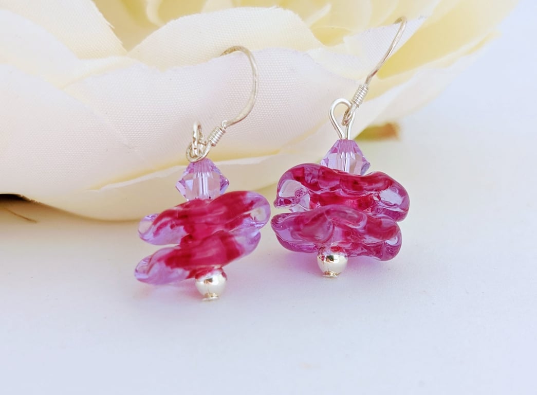 Pink Lampworked Glass Sterling Silver Earrings