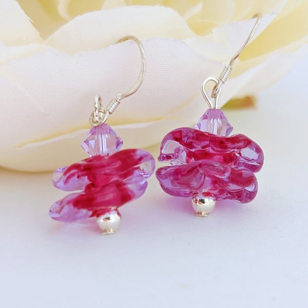 Pink Lampworked Glass Sterling Silver Earrings