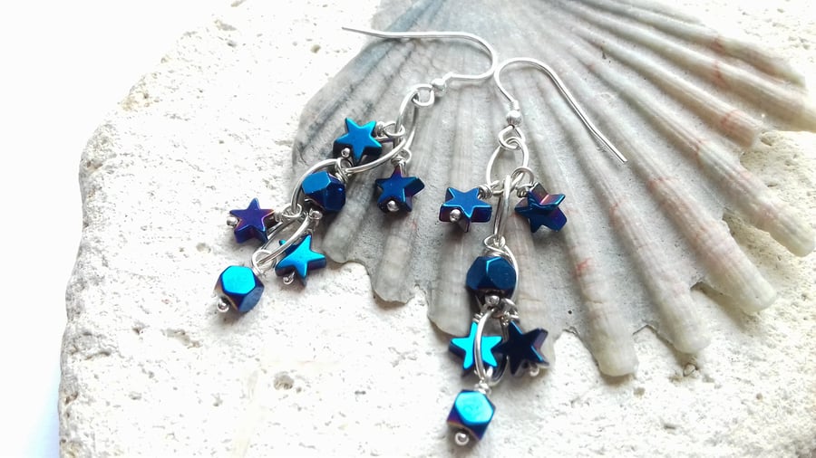 Blue Stars and Squares Dangle Earrings