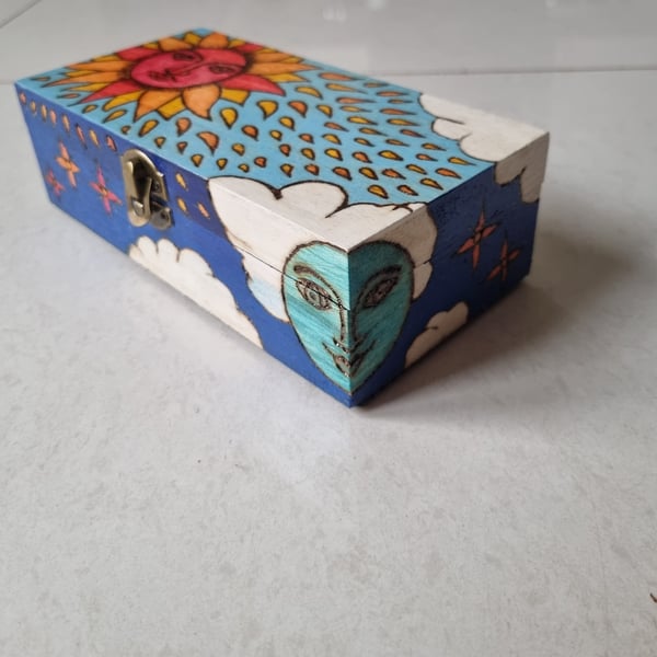 Wooden box hand painted sun moon and stars universe box tarot cards trinkets