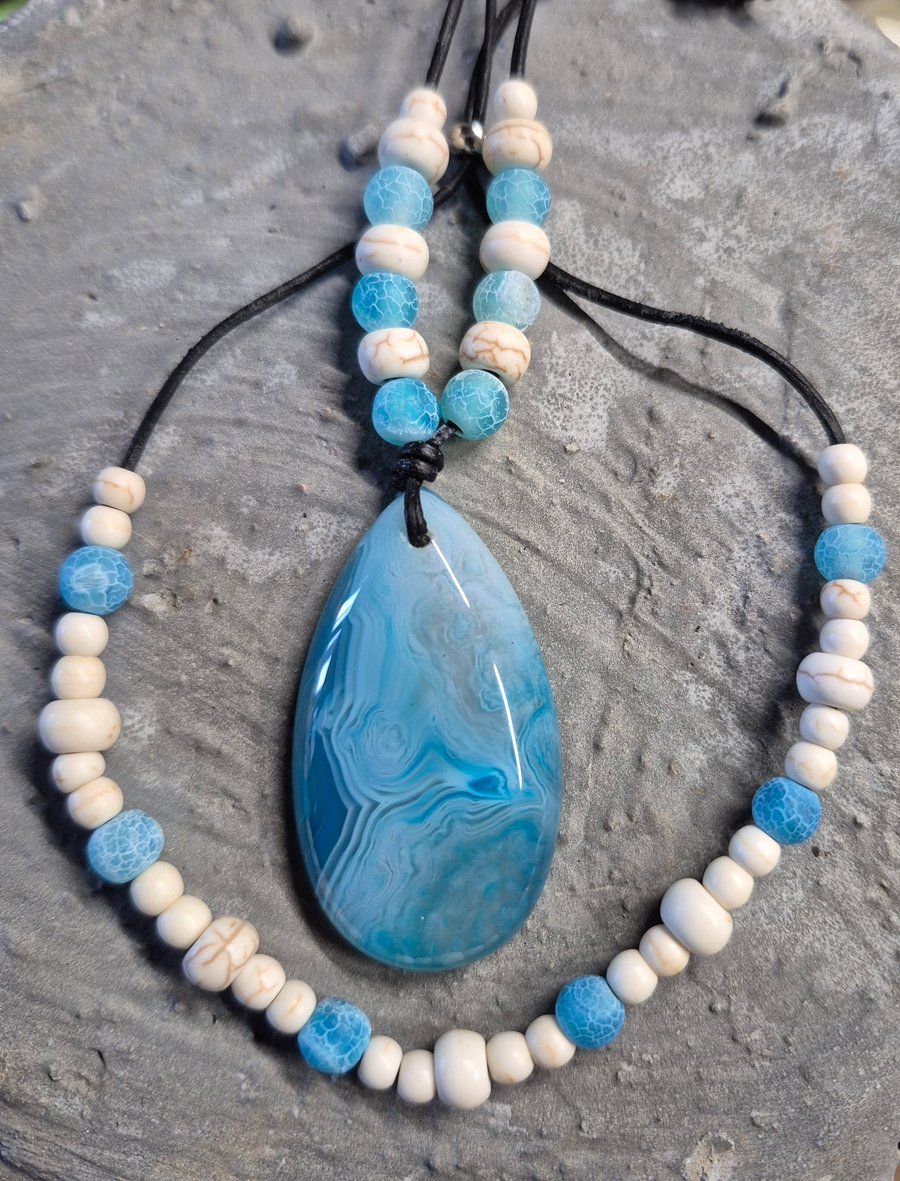 Blue White Onyx Agate Teardrop Pendant with matching bracelet