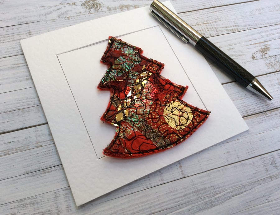 Embroidered up-cycled fabric Christmas card and decoration. 