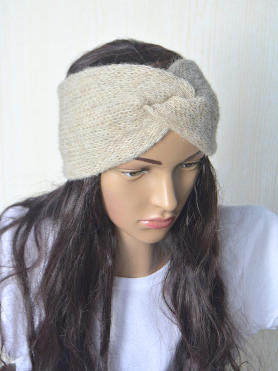 Knitted Headband Earwarmer Soft Alpaca Silk Wheat Sheaf Beige Letterbox Gift