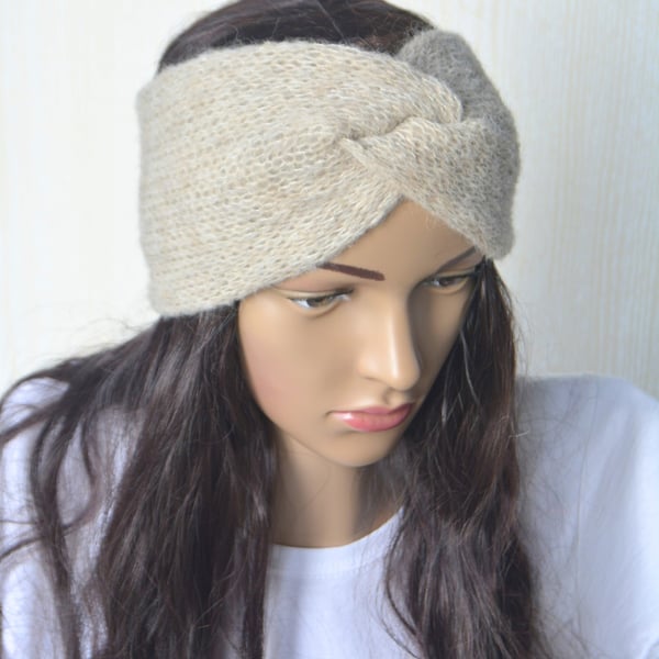 Knitted Headband Earwarmer Soft Alpaca Silk Wheat Sheaf Beige Letterbox Gift