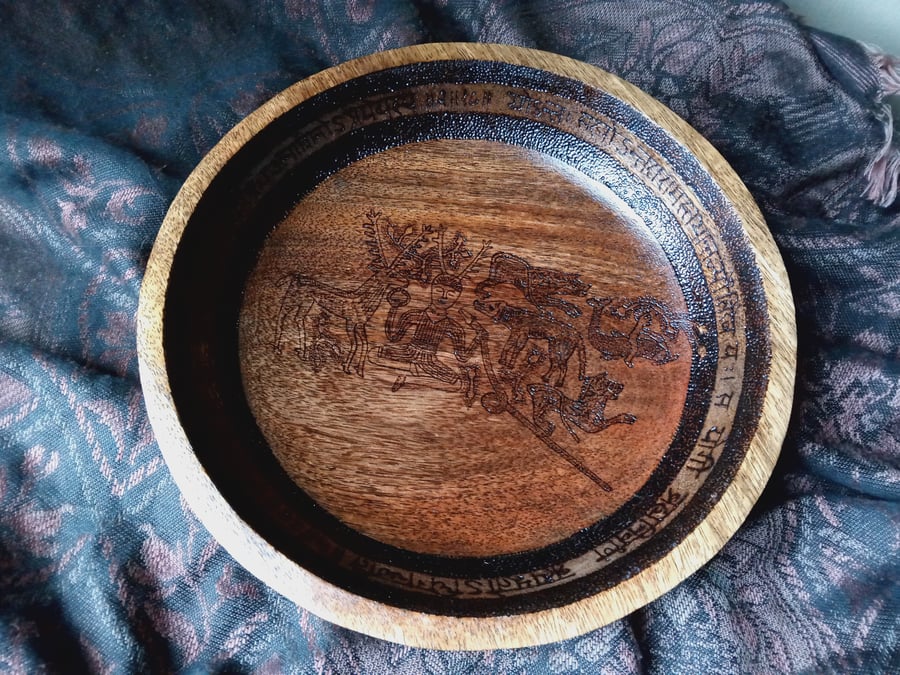 The Deerman - Pyrography inscribed wooden ceremonial bowl with Sanskrit verses