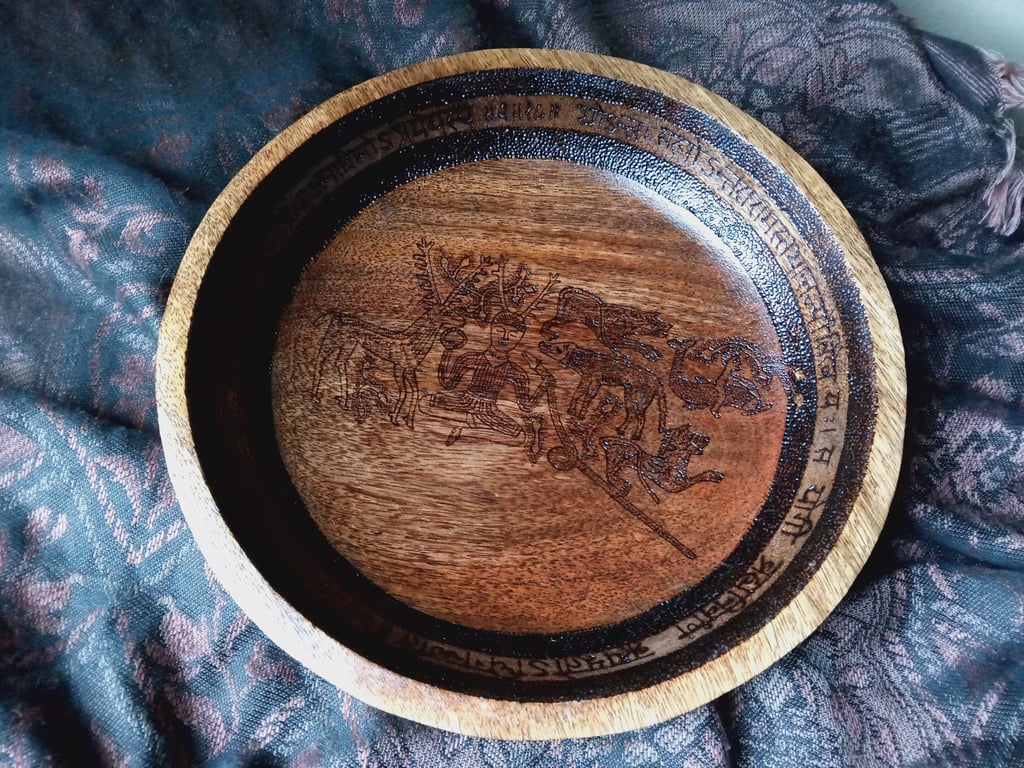 The Deerman - Pyrography inscribed wooden ceremonial bowl with Sanskrit verses