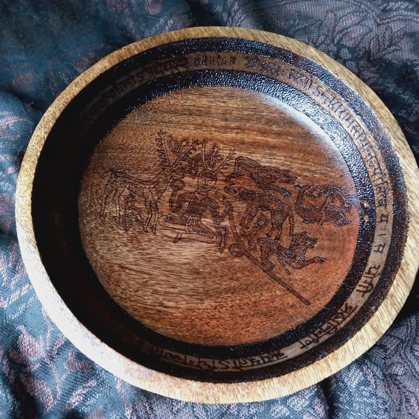 The Deerman - Pyrography inscribed wooden ceremonial bowl with Sanskrit verses