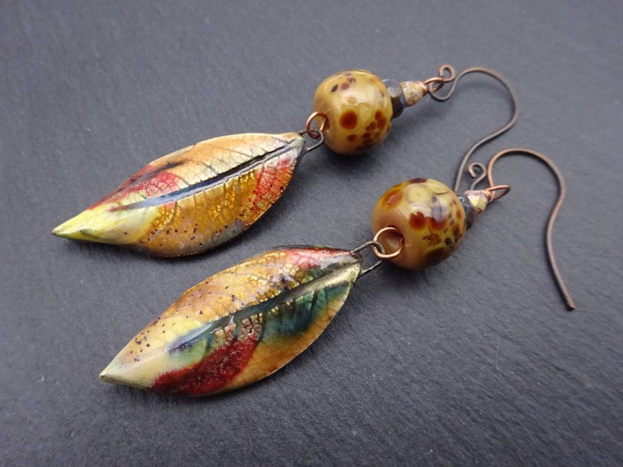 lampwork glass brown autumn leaf earrings, copper jewellery
