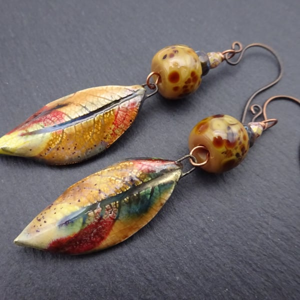 lampwork glass brown autumn leaf earrings, copper jewellery
