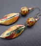 lampwork glass brown autumn leaf earrings, copper jewellery