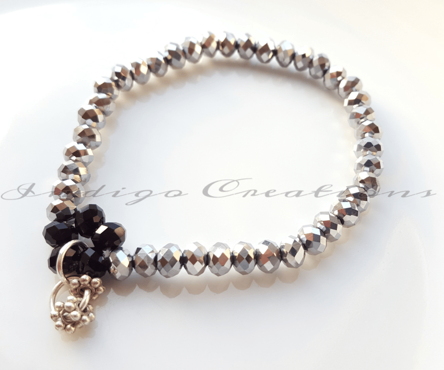 Bracelet Silver And Black Crystal Bead Elasticated Bracelet With Silver Charm 