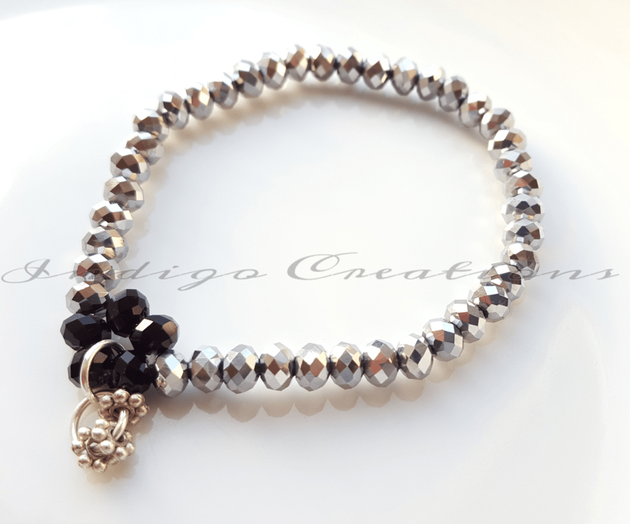 Bracelet Silver And Black Crystal Bead Elasticated Bracelet With Silver Charm 
