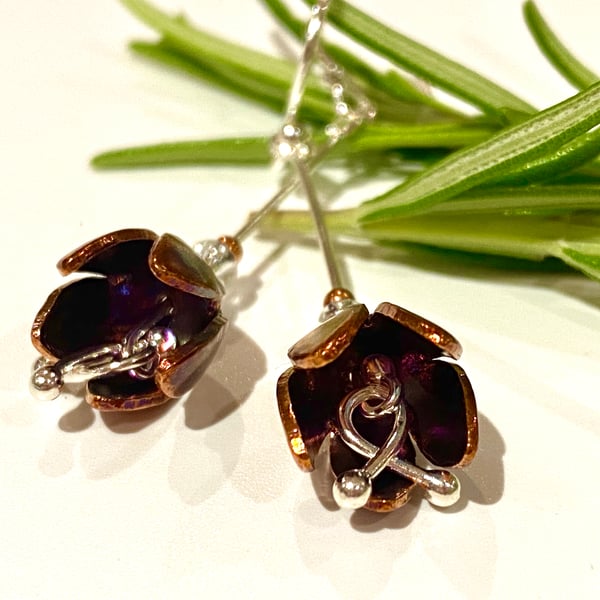Deep Colour Copper & Silver Flower Drop earrings Fuchsia Design. Fushia 