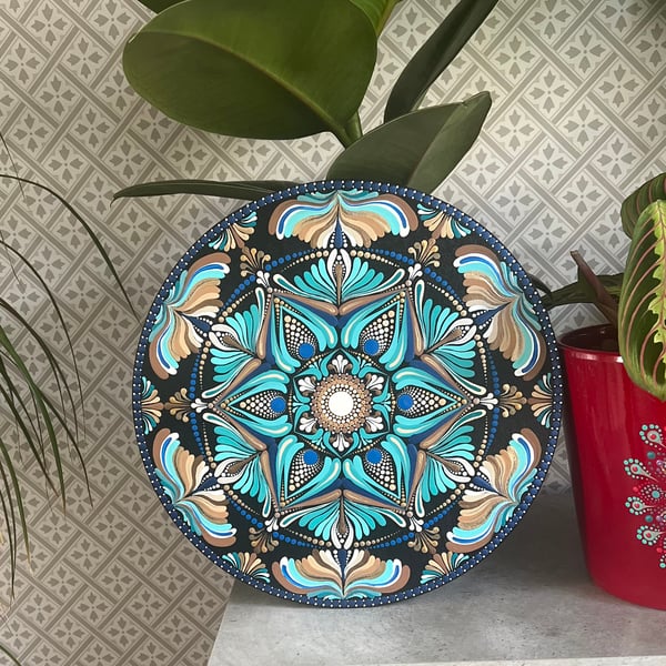 Turquoise-Gold Hand-Painted Mandala Wall Decor