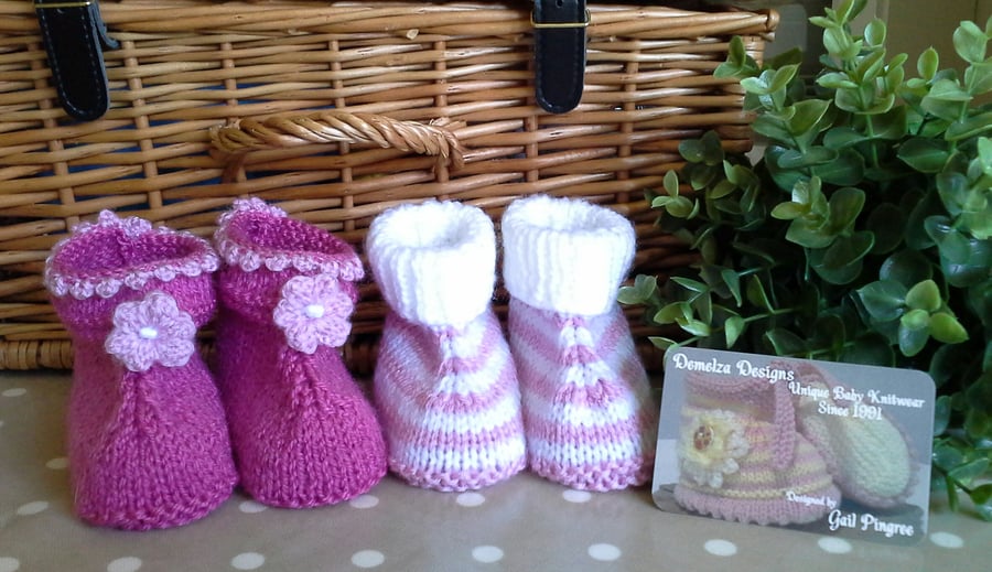 Baby Girl's Hand Knitted Two Pair Pack Booties  3-9 months size