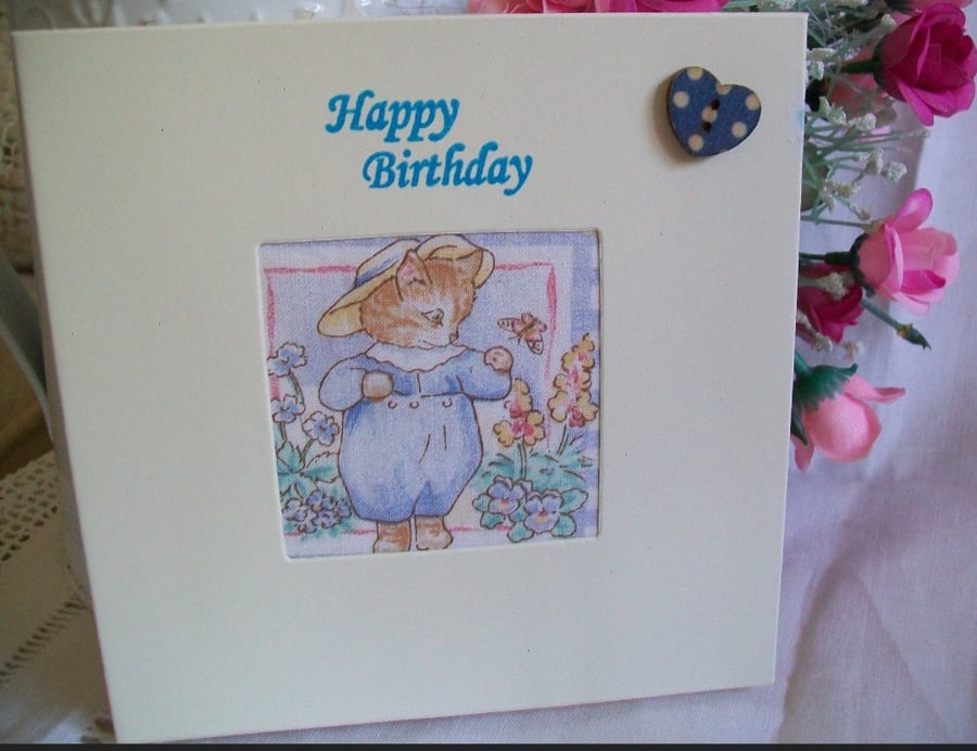 Tom Kitten Birthday card made from recycled paper and repurposed 1970s fabric