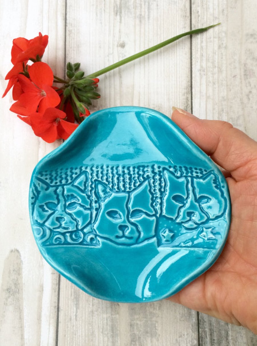 Ceramic Cat Face Trinket Dish - Turquoise