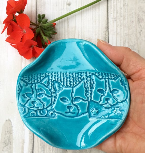 Ceramic Cat Face Trinket Dish - Turquoise