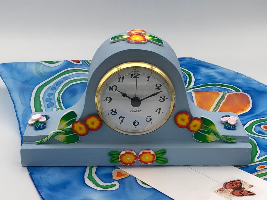 Clock in Painted oak, polymer clay flower decoration, Napolian hat design