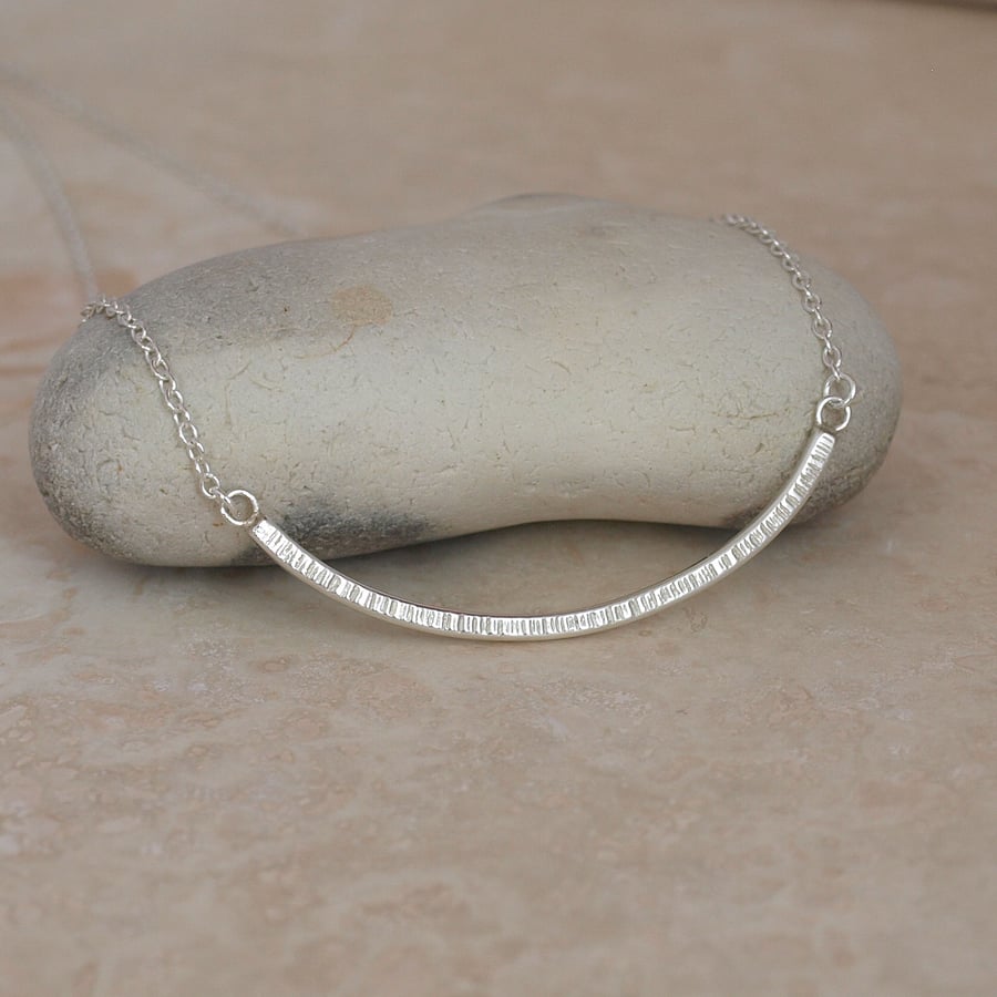 Curved Silver Bar Necklace, Textured Silver, Silver Jewellery
