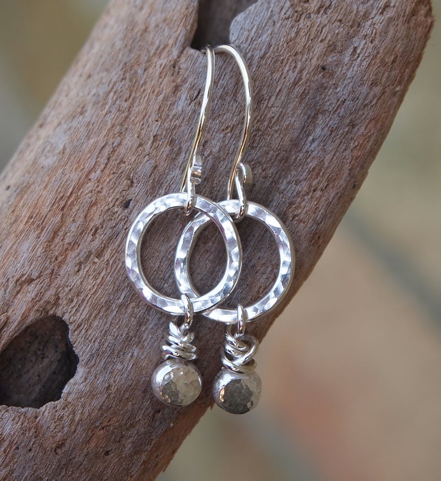 Dangle Earrings, recycled silver, Eco-friendly, hammered silver, handmade