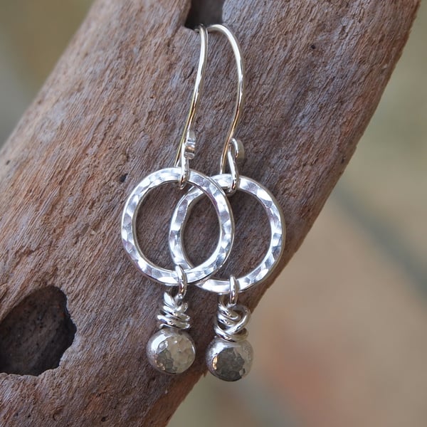 Hammered Silver Hoop Pebble Earrings, Sterling Silver Dangle Earrings