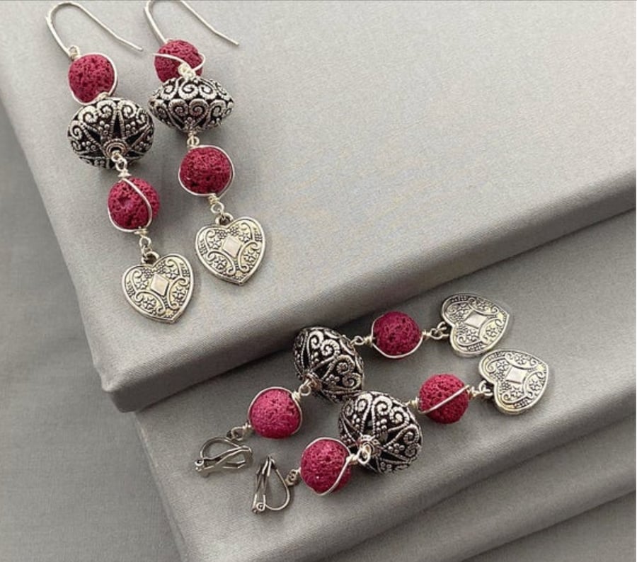 Long Boho Silver Heart Earrings with Red Lava Rock, Clip-on or Pierced 