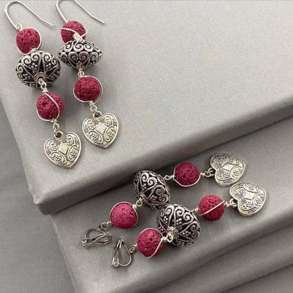 Long Boho Silver Heart Earrings with Red Lava Rock, Clip-on or Pierced 