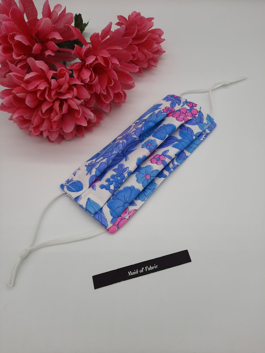 Small blue and pink floral adjustable 3 layer nose wire face mask 