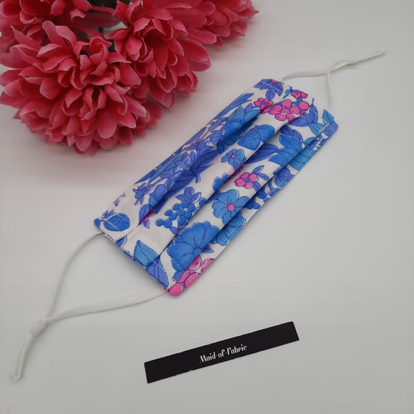 Small blue and pink floral adjustable 3 layer nose wire face mask 