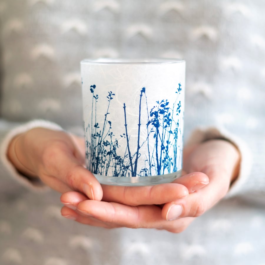 Meadow Cyanotype candle tealight holder white & blue, Mother’s Day gift 