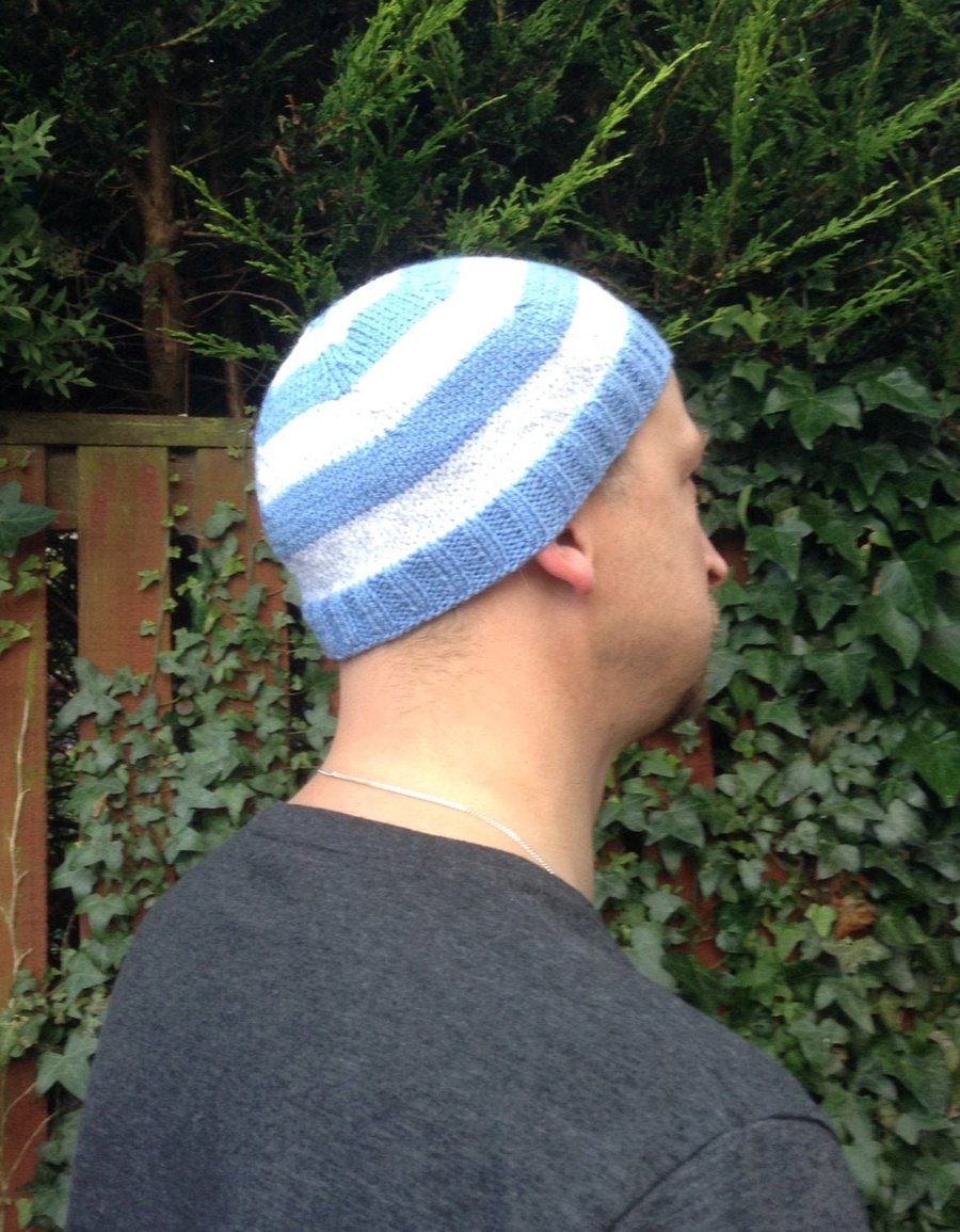 Reflective striped hat, hand knitted