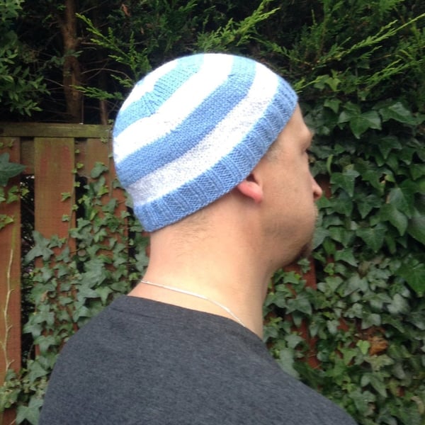 Reflective striped hat, hand knitted