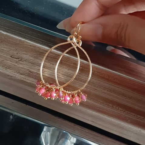 Pink Beaded Oval Hoop Dangle Earrings Handmade Statement Best Friend Gift  