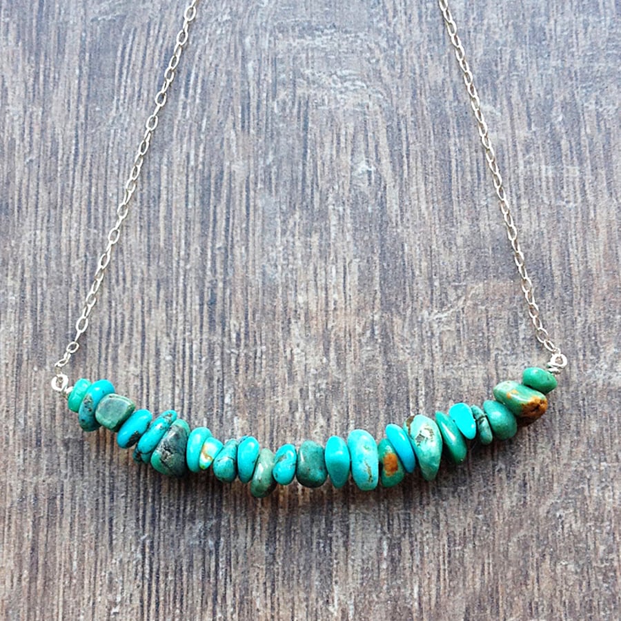 Raw genuine turquoise necklace, dainty bead bar, sterling or gold fill