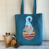 Scandi gnome tote bag in turquoise with a colourful striped Tomte