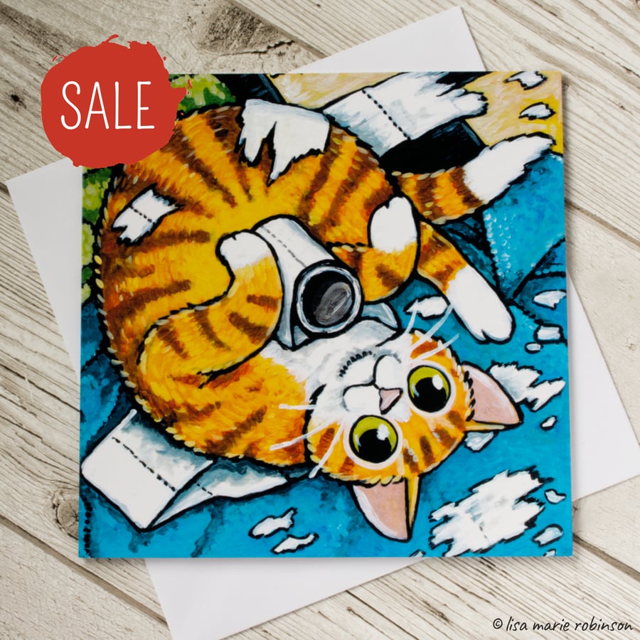Cat Playing with Toilet Roll Blank Greeting Card - REDUCED TO CLEAR